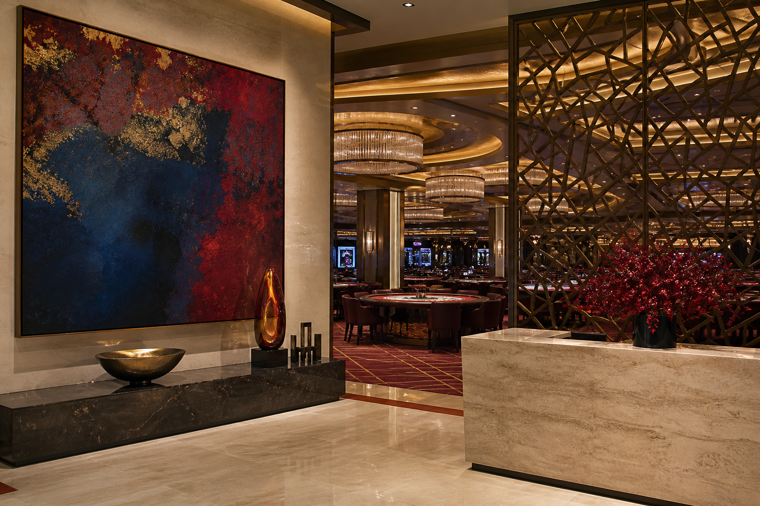 Large artwork and decorative objects at a casino entrance