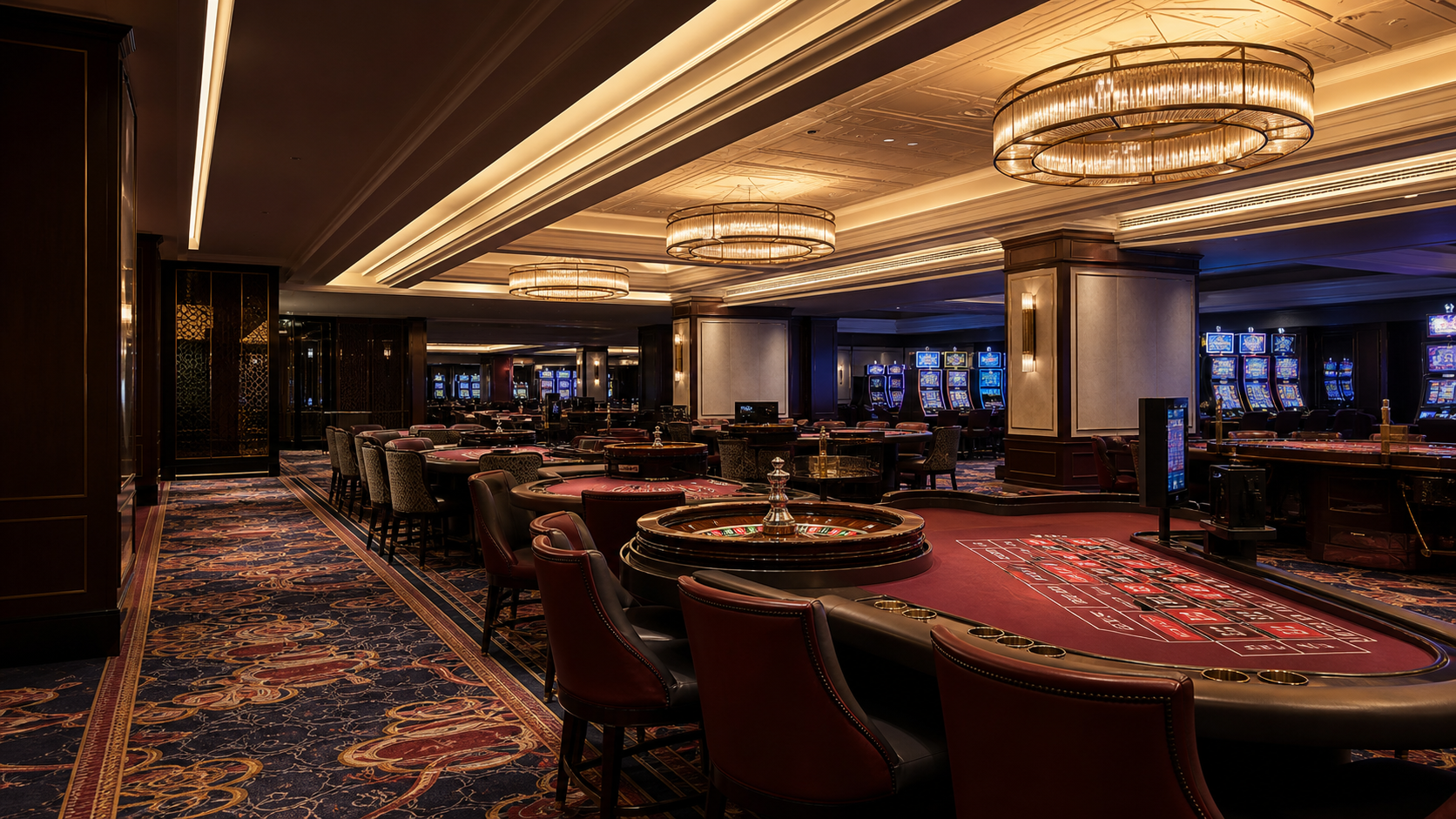 Casino gaming floor with roulette tables, player chairs, slot machines and decorative lighting