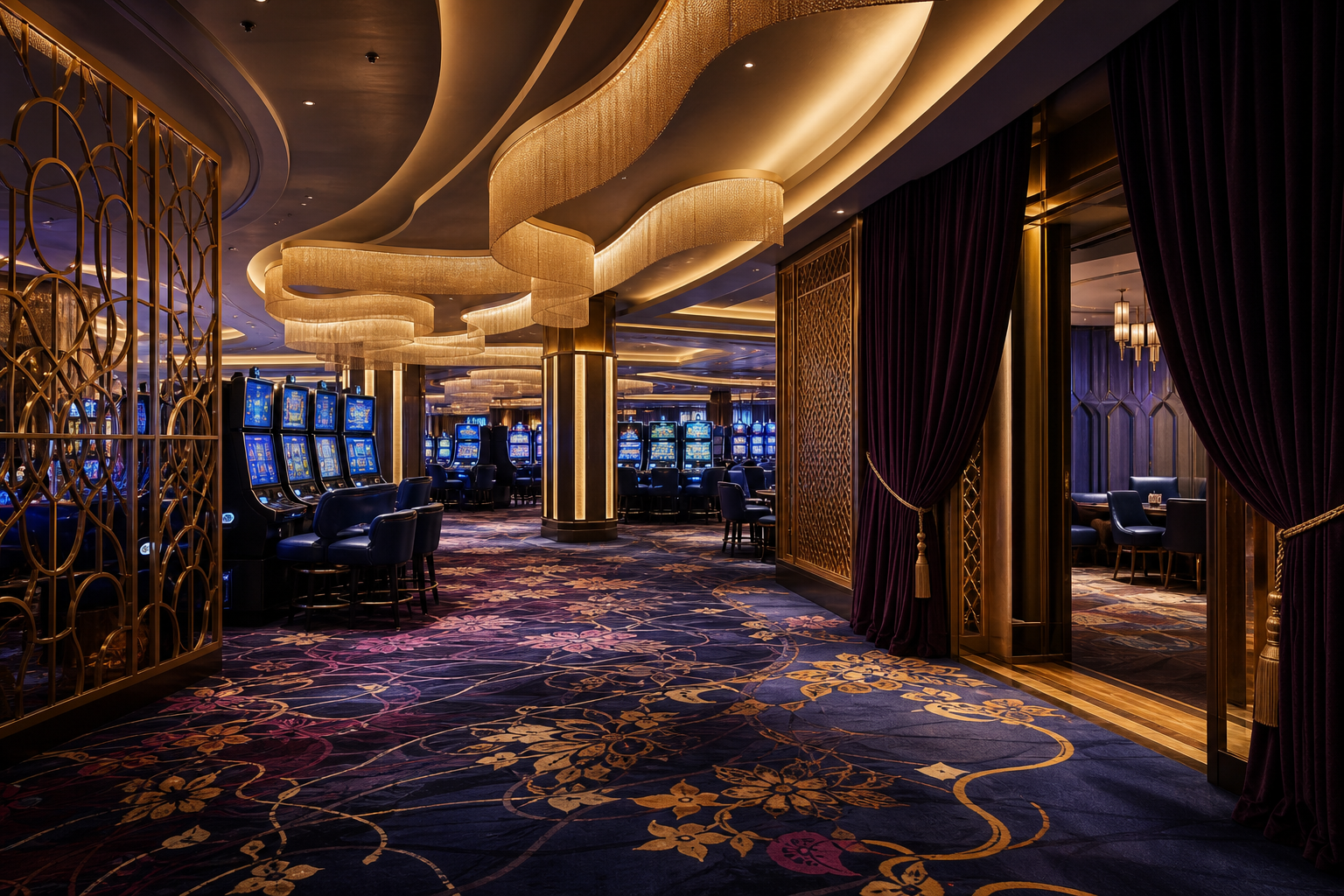 Casino slot floor showing carpet, curtains, lighting and decorative screens
