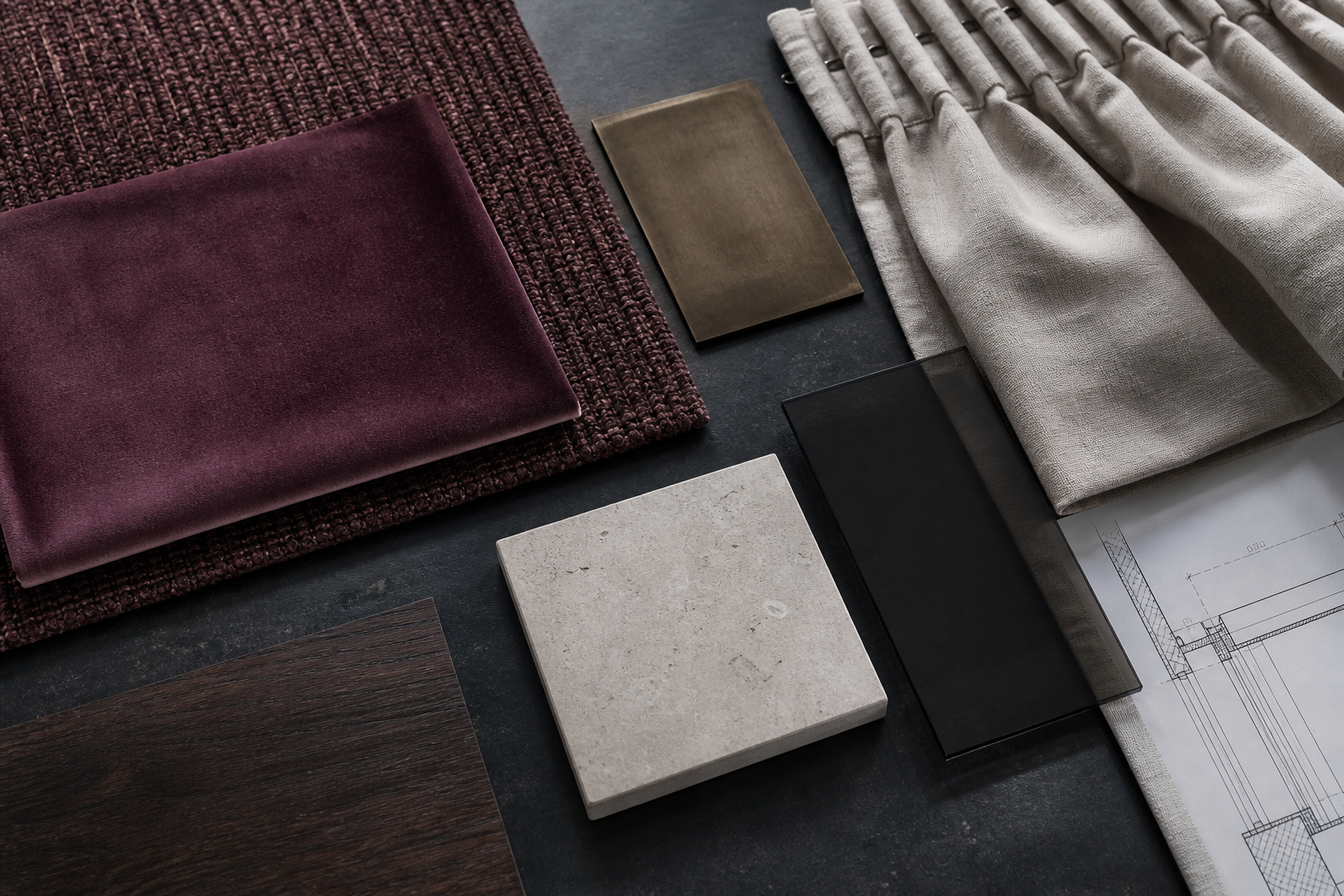 Casino interior carpet, fabric, metal, timber, glass and stone samples